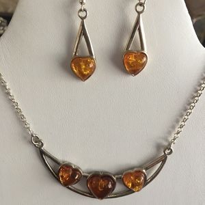Sterling Silver Amber Necklace Earring Set #108C